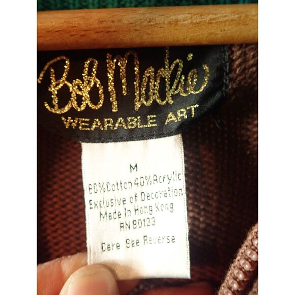 Bob Mackie Wearable Art Brown Full-Zip Sweater Beaded Turquoise Fringe Medium - Picture 9 of 10